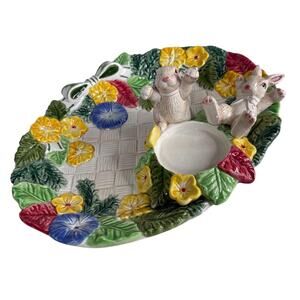 Fitz & Floyd Bunnies & Blooms Rabbit Floral Candle Holder 2” Votive Easter